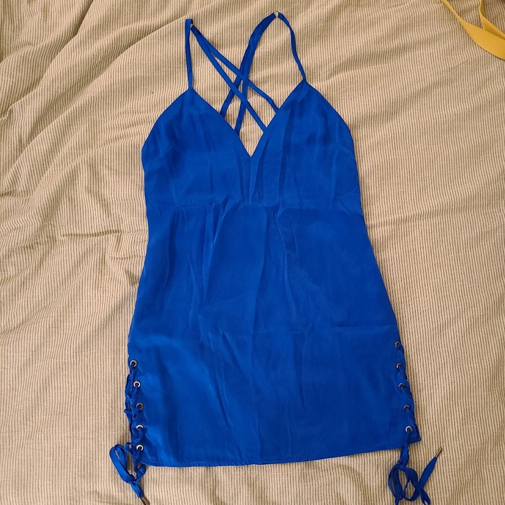 Bebe x Naven Blue Satin Shift mini dress in women's small